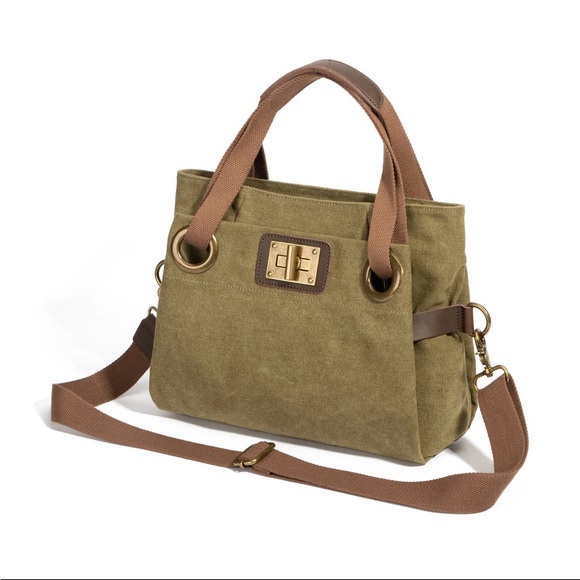 Olive Canvas Shoulder Bag with Brown Straps - Picture 2 of 7